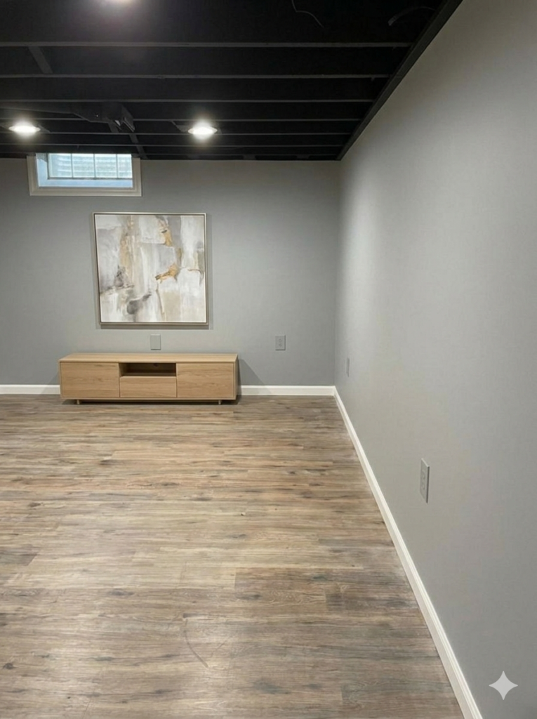 Professional basement finishing in Detroit. Industrial ceilings and premium LVP flooring.