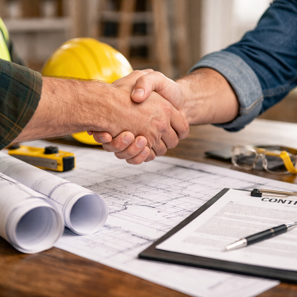 Close-up of a licensed home repair contractor shaking hands with a homeowner over blueprints in Detroit, MI