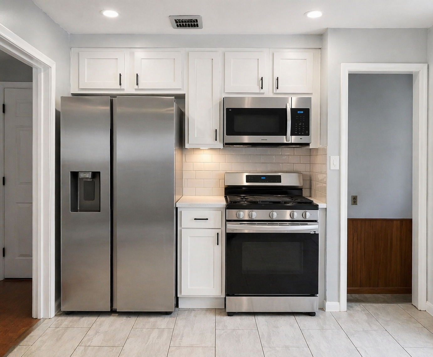 Modern kitchen remodeling with white cabinets, stainless steel appliances, and tile backsplash in Detroit, MI